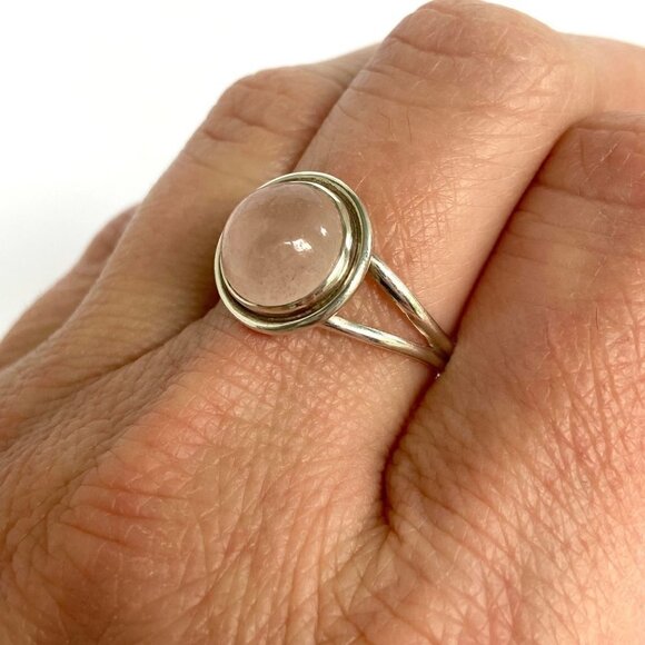 Sterling Silver 925 Round Pink Rose Quartz Cabochon Split Shank Ring Size 8.5 - Picture 5 of 16